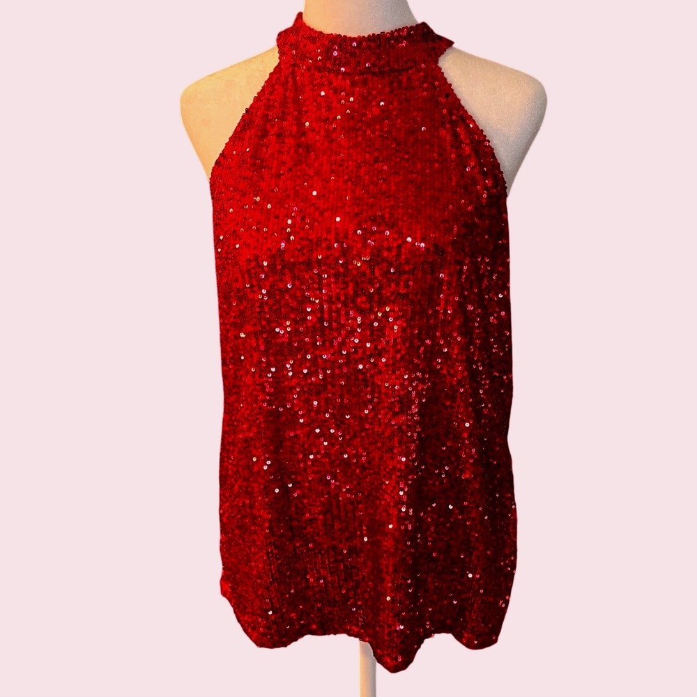 Cable & Gauge Womens Hot Pink Fuchsia Sequin Halter Neck Blouse Top Large NWOT